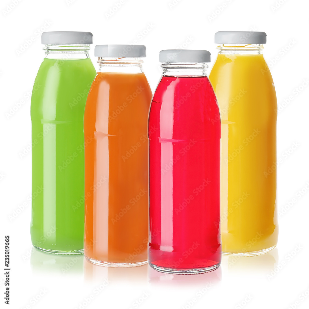 Set with glass bottles of different juices on white background Set with glass bottles of different juices on white background