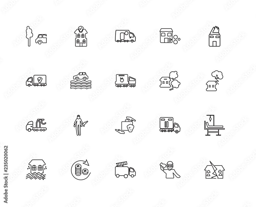 Collection of 20 insurance linear icons such as Tow truck, Earth