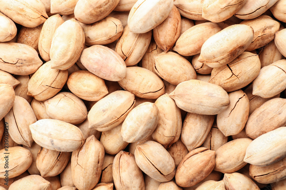Pecan nuts in shell as background, top view. Nutritive food Pecan nuts in shell as background, top view. Nutritive food