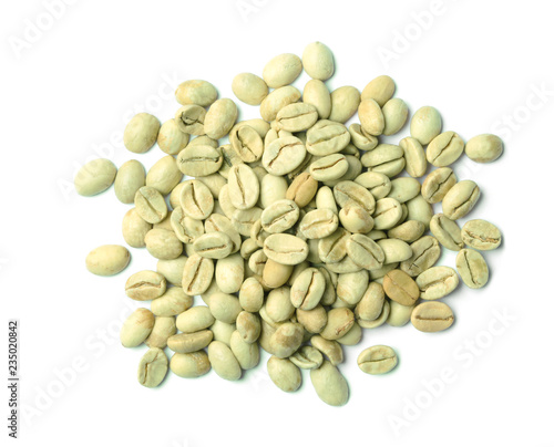Green coffee beans on white background, top view