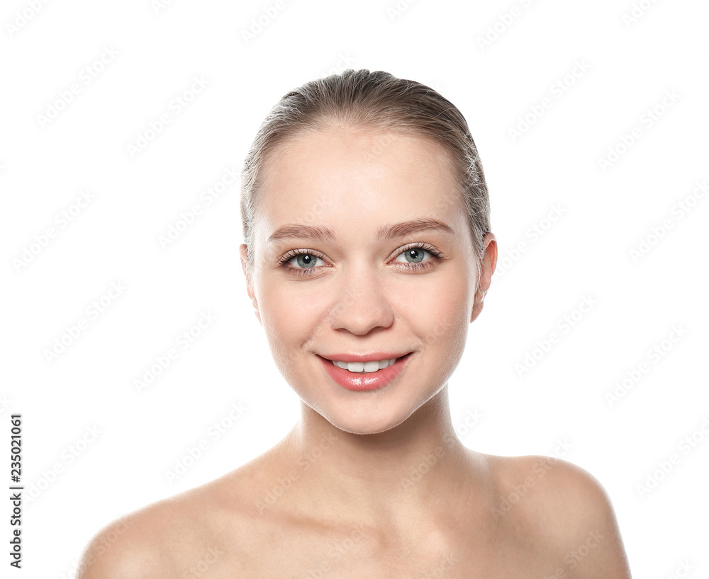 Portrait of beautiful young woman on white background. Lips contouring, skin care and cosmetic surgery concept Portrait of beautiful young woman on white background. Lips contouring, skin care and cosmetic surgery concept