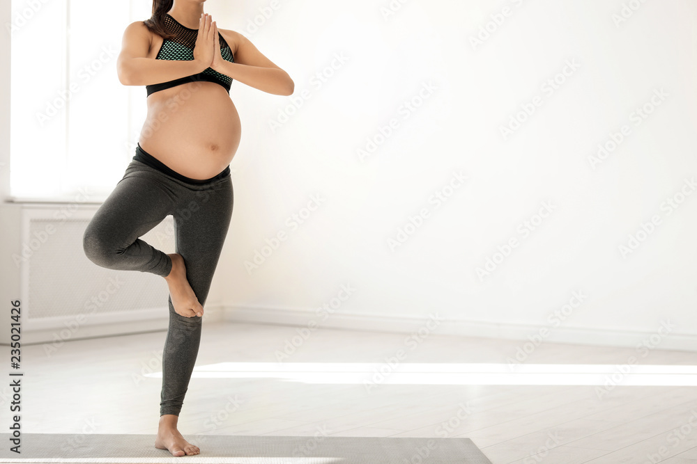 Young pregnant woman in fitness clothes practicing yoga at home. Space for text Young pregnant woman in fitness clothes practicing yoga at home. Space for text