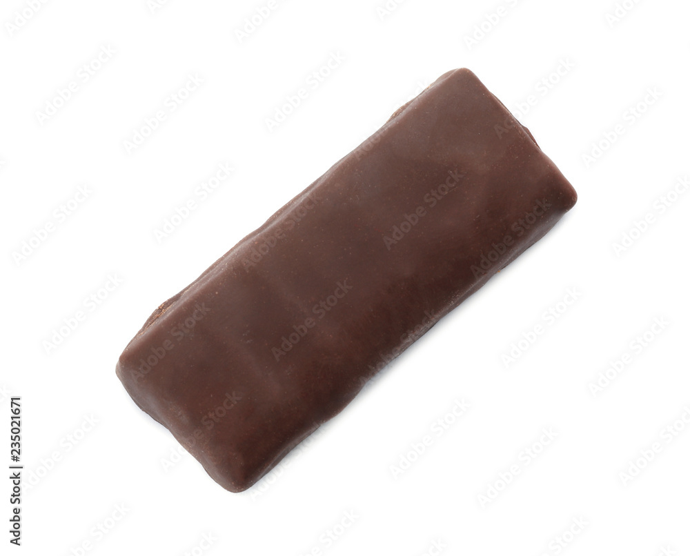 Tasty glazed protein bar on white background, top view Tasty glazed protein bar on white background, top view