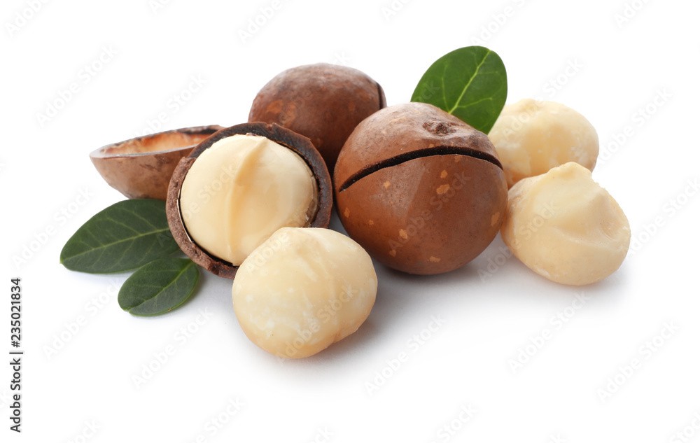 Pile of organic Macadamia nuts on white background Pile of organic Macadamia nuts on white background