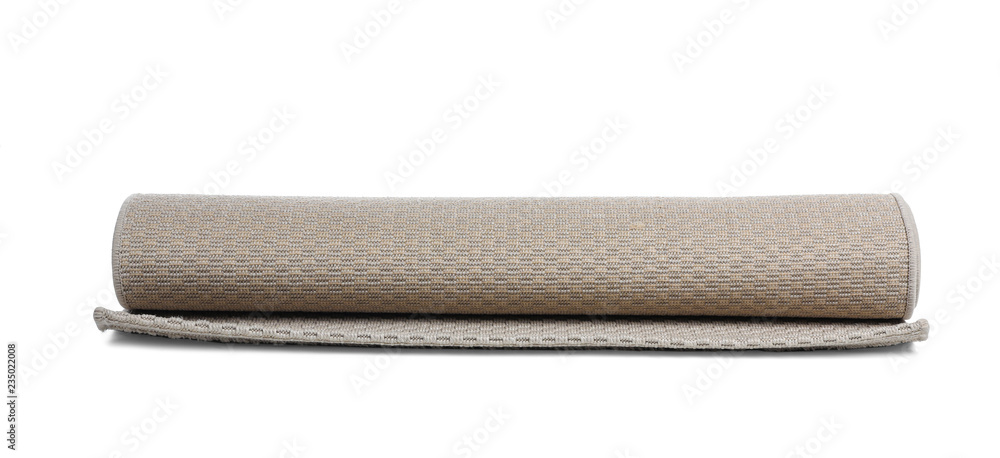Fotografie Rolled grey carpet on white background. Interior element