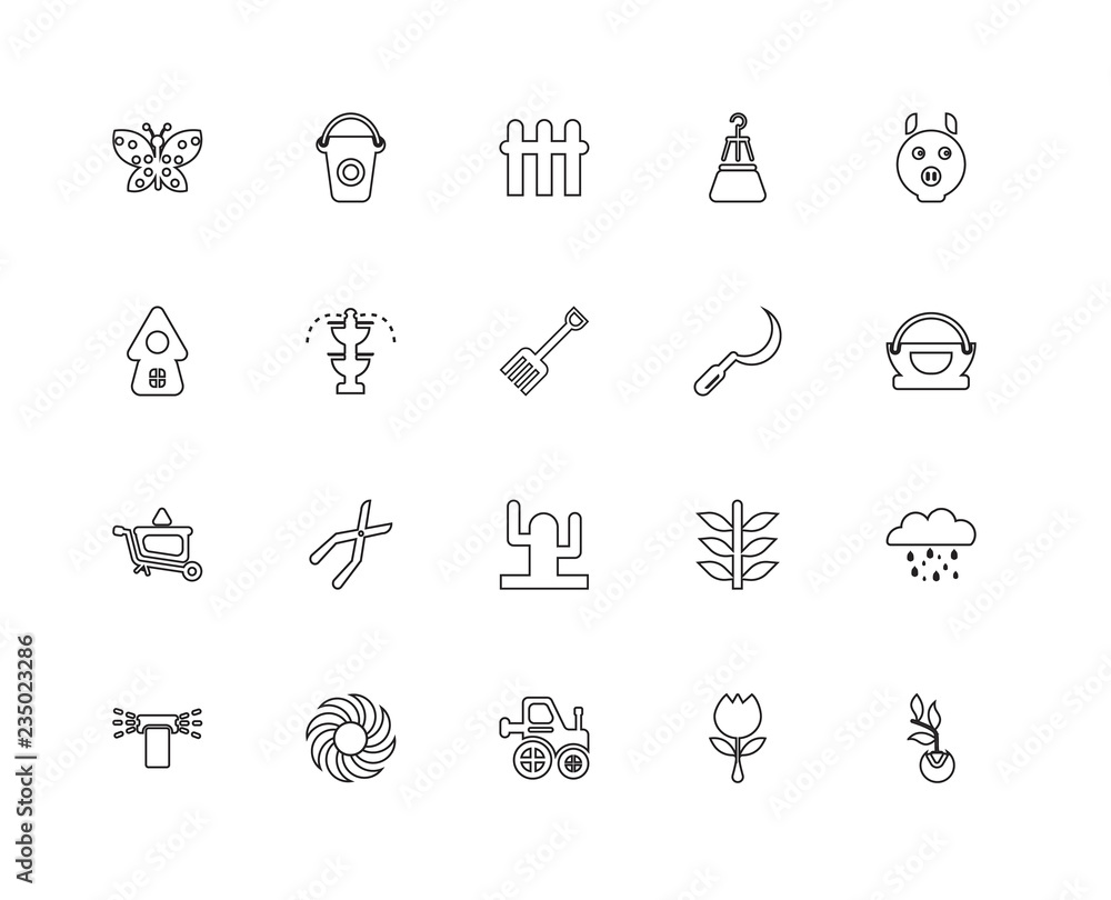 Fototapeta premium Collection of 20 Gardening linear icons such as Wheelbarrow, Ger