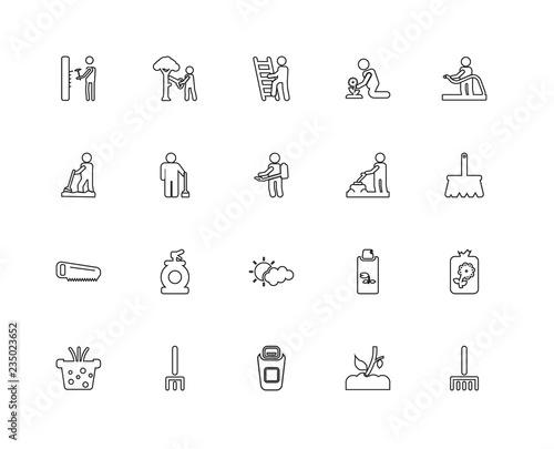 Collection of 20 Gardening linear icons such as Saw, Rak, Sprout