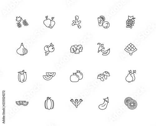 Collection of 20 fruits linear icons such as Bell pepper, Orange