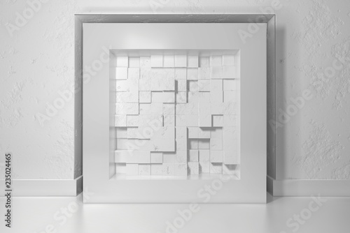 Minimalism, mock up poster, 3d illutration interior. White frame in a niche in the plastered wall filled with chaotic shifted boxes blocks