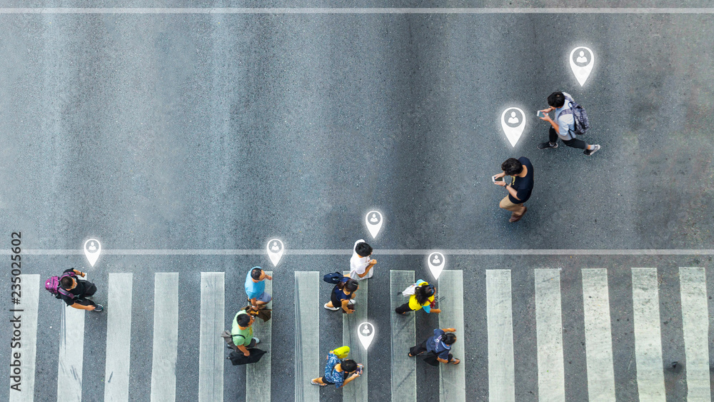 Aerial view and top view with blur man with smartphone walking converse  with busy city crowd move to pedestrian crosswalk. concept art of person  icon connecting. Stock Photo | Adobe Stock