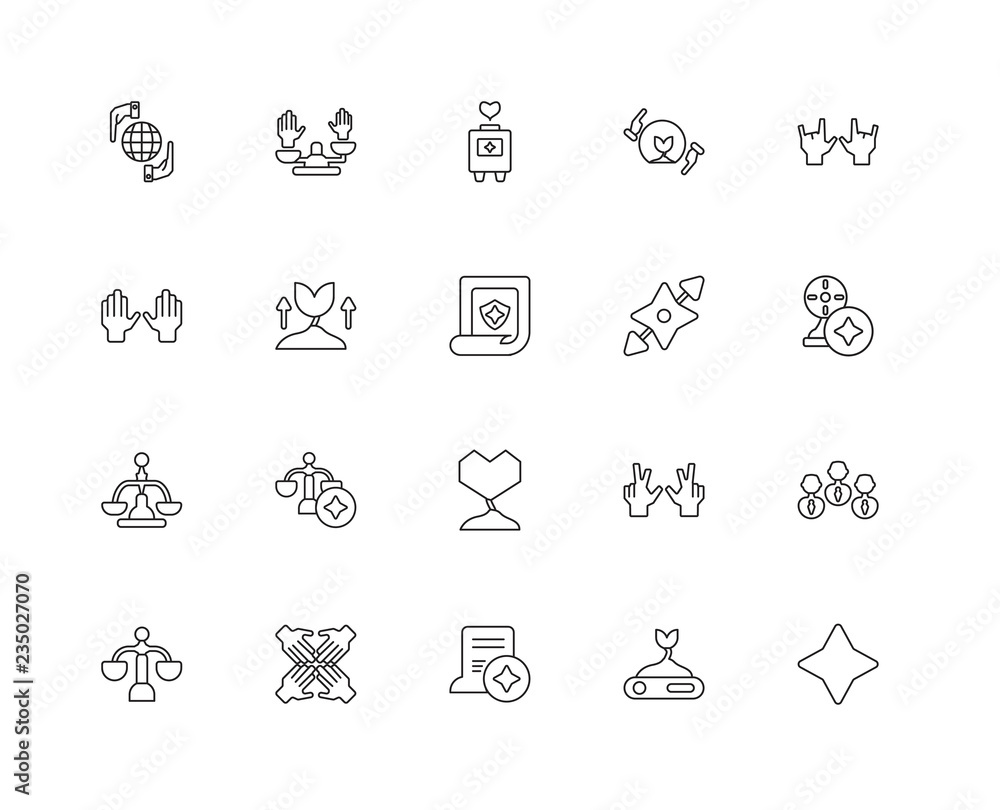 Fototapeta premium Collection of 20 Ethics linear icons such as Balance, Star, Know