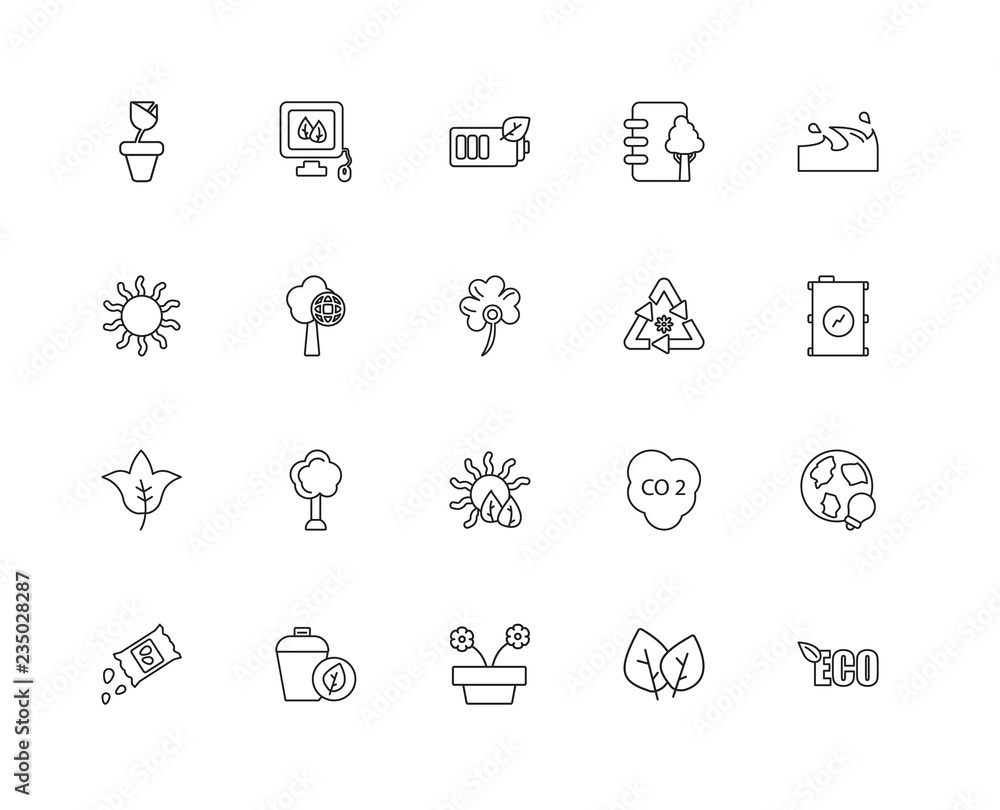 Collection of 20 Ecology linear icons such as Leaves, Eco, World