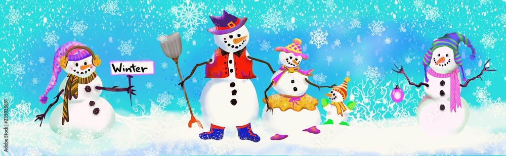 Snowman fun cute header banner scene in snowy snow and snowflake scene, wide panorama header border background, hand drawn Snowman fun cute header banner scene in snowy snow and snowflake scene, wide panorama header border background, hand drawn