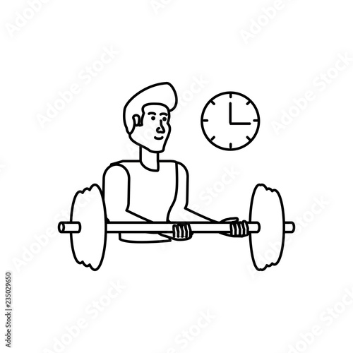 young athletic man with dumbbell sport and clock