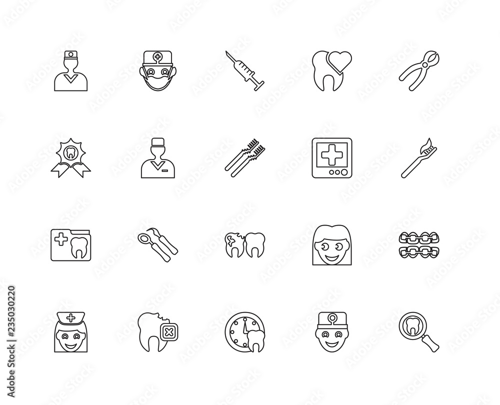 Collection of 20 dentist linear icons such as Medical record, Ex
