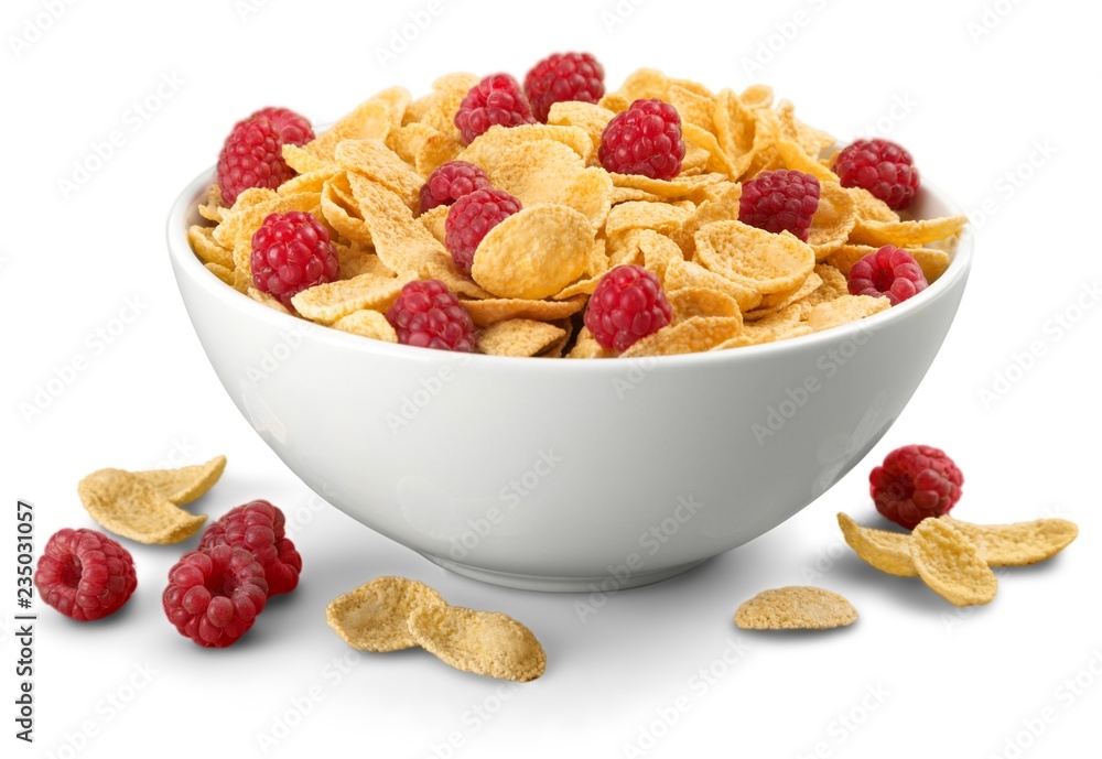 Bowl of Cornflakes and Raspberries Bowl of Cornflakes and Raspberries