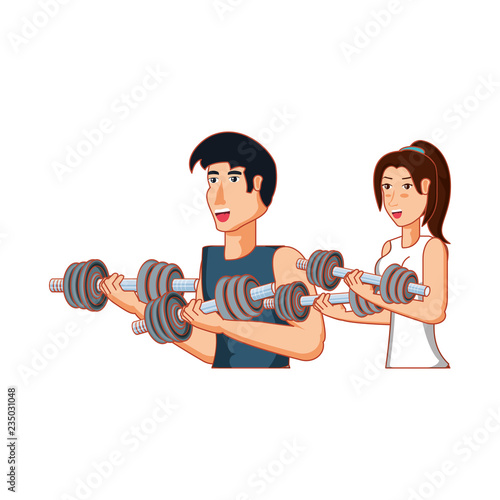 young athletic couple with dumbbells sport