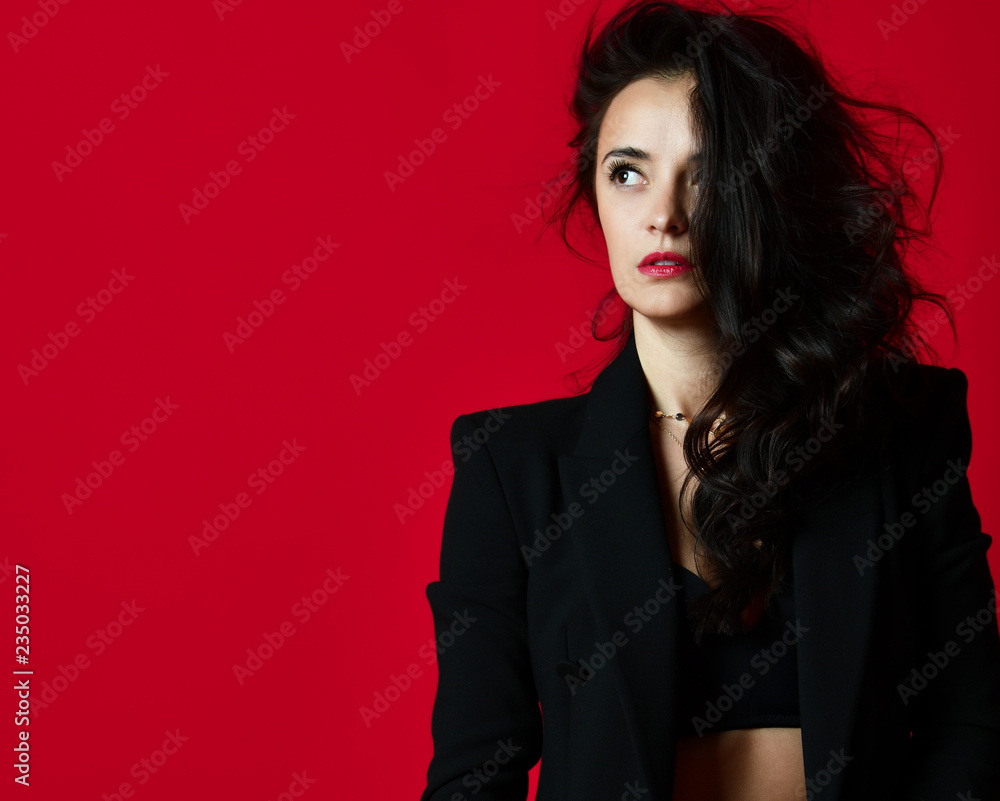 Beautiful sexy woman in black modern stylish jacket and bra underwear red lipstick 