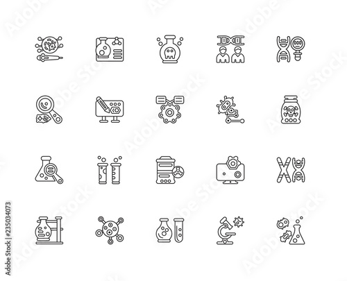 Collection of 20 chemistry linear icons such as Research, Cell d