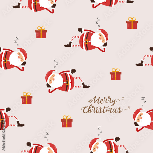 Seamless pattern of Santa Claus sleeping and gife.