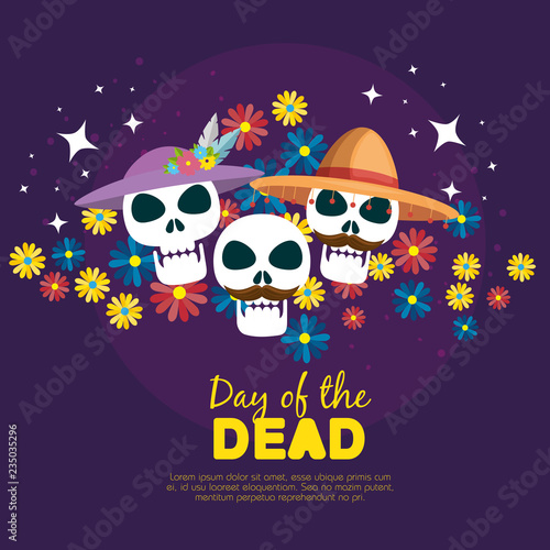 skulls with flowers to day of the dead event
