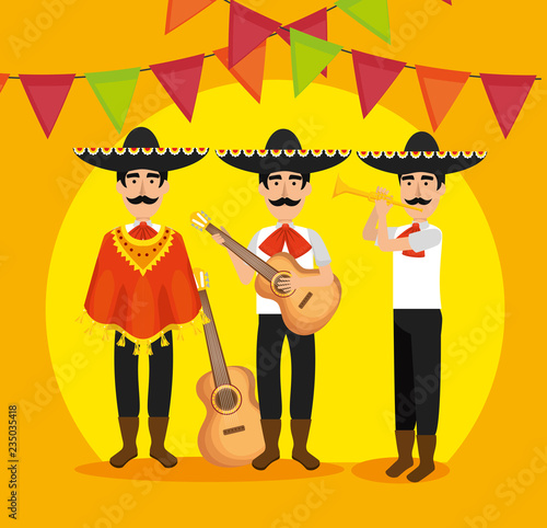 mariachi men with instruments and party banner