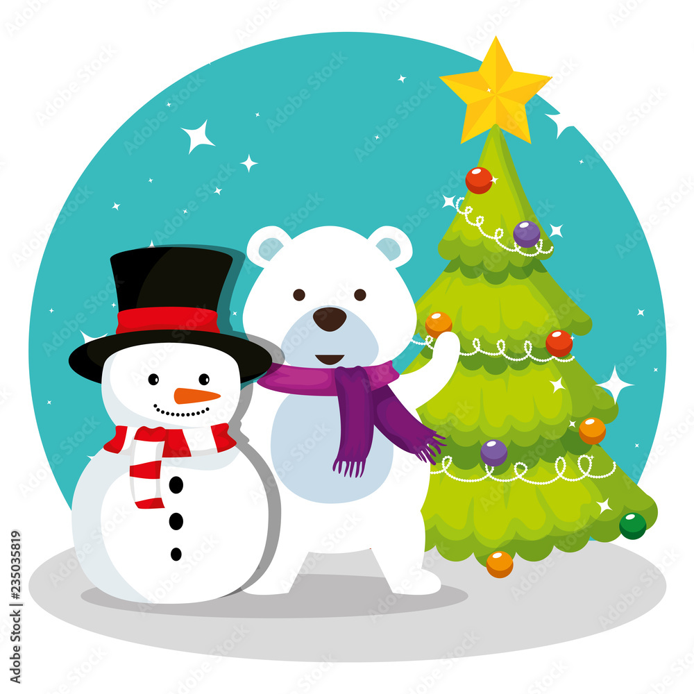 pine tree with snowman and snow bear pine tree with snowman and snow bear