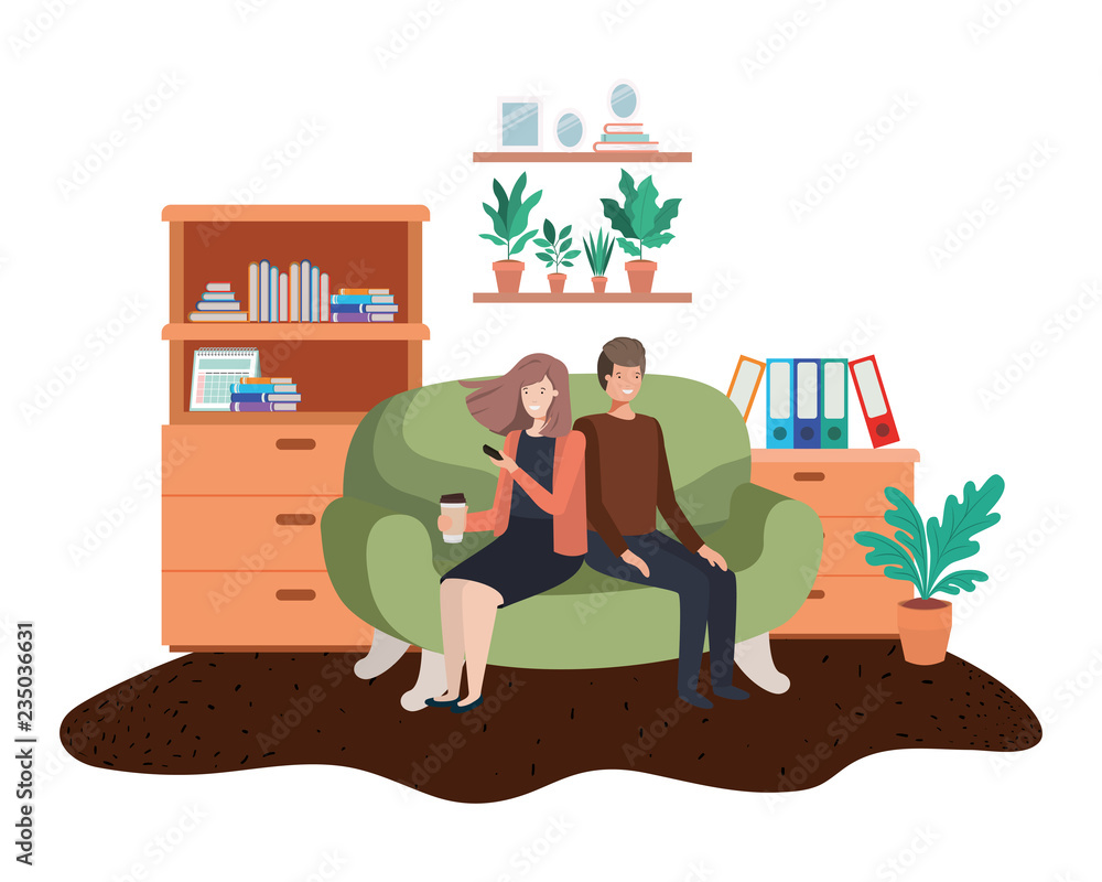 couple using smartphone in the livingroom