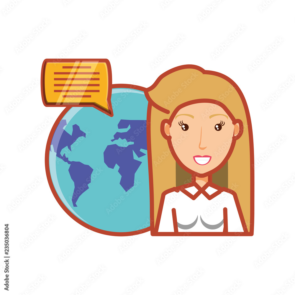 woman and planet earth with speech bubble woman and planet earth with speech bubble