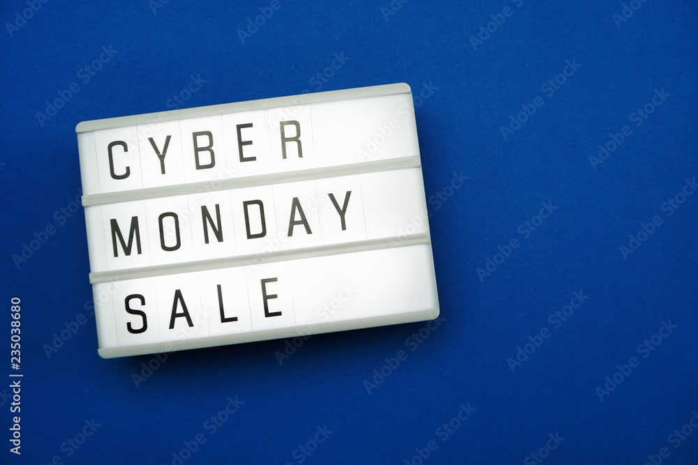 cyber monday sale flat lay top view on blue background cyber monday sale flat lay top view on blue background