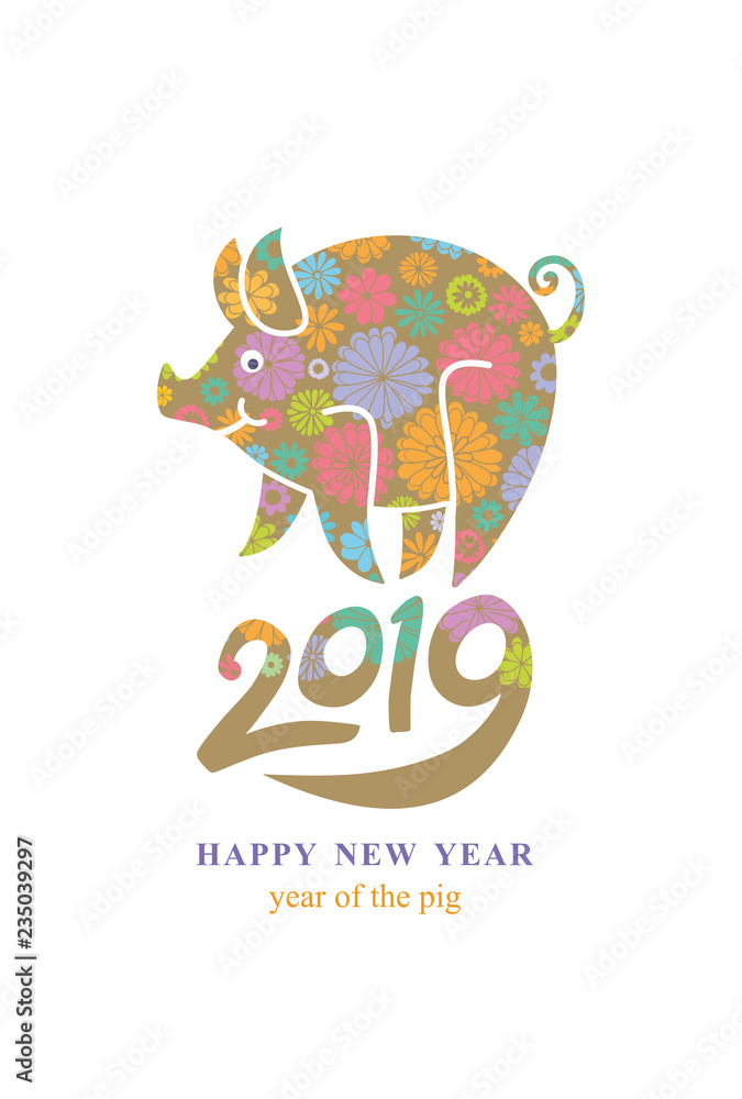Year of the Yellow Earth Pig on the Chinese Calendar. 2019. Pig in floral decoration symbol of the upcoming 2019.
Year of the Yellow Earth Pig on the Chinese Calendar. 2019. Pig in floral decoration symbol of the upcoming 2019.