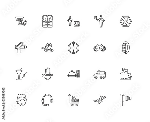 Collection of 20 Airport terminal linear icons such as Right Win