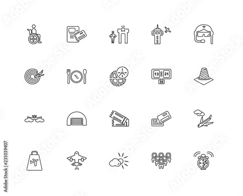 Collection of 20 Airport terminal linear icons such as Alarm Clo