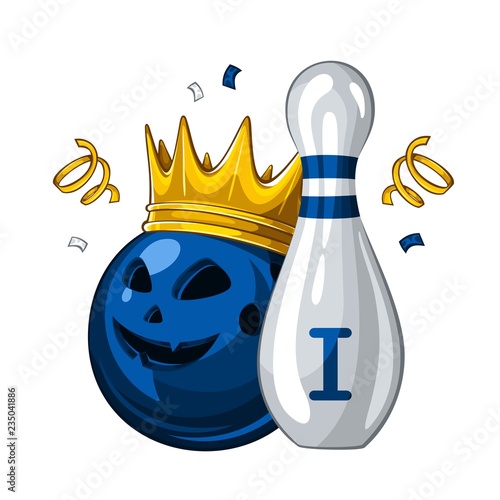 Vector illustration of bowling skittle and halloween blue bowling ball with face in golden crown, isolated on white background. Bowling award for 1st place. Halloween 1.1