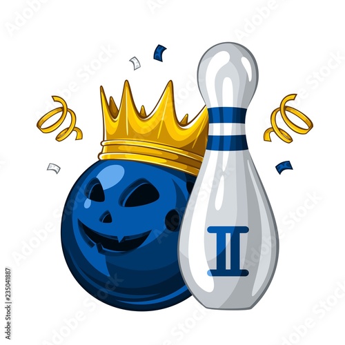 Vector illustration of bowling skittle and halloween blue bowling ball with face in golden crown, isolated on white background. Bowling award for 2st place. Halloween 1.1