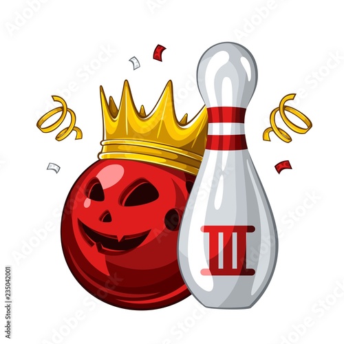 Vector illustration of bowling skittle and halloween red bowling ball with face in golden crown, isolated on white background. Bowling award for 3st place. Halloween 1.1