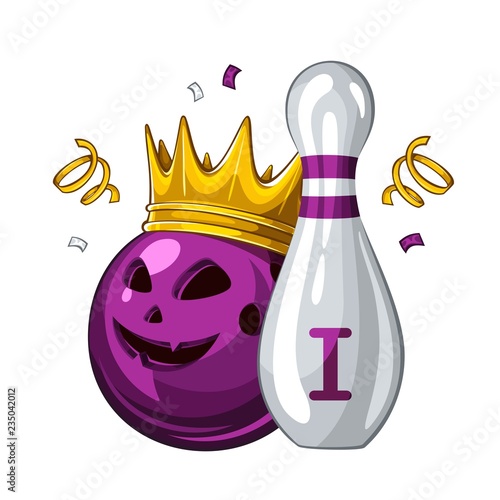 Vector illustration of bowling skittle and halloween violet bowling ball with face in golden crown, isolated on white background. Bowling award for 1st place. Halloween 1.1