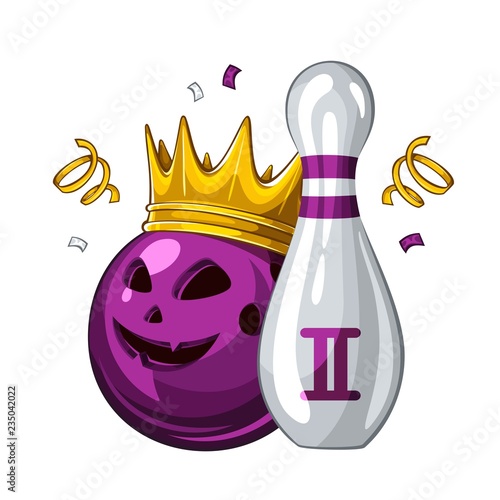 Vector illustration of bowling skittle and halloween violet bowling ball with face in golden crown, isolated on white background. Bowling award for 2st place. Halloween 1.1