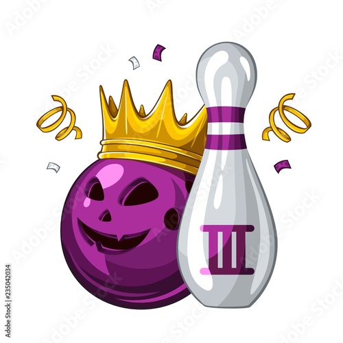 Vector illustration of bowling skittle and halloween violet bowling ball with face in golden crown, isolated on white background. Bowling award for 3st place. Halloween 1.1