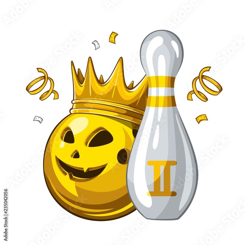 Vector illustration of bowling skittle and halloween yellow bowling ball with face in golden crown, isolated on white background. Bowling award for 2st place. Halloween 1.1