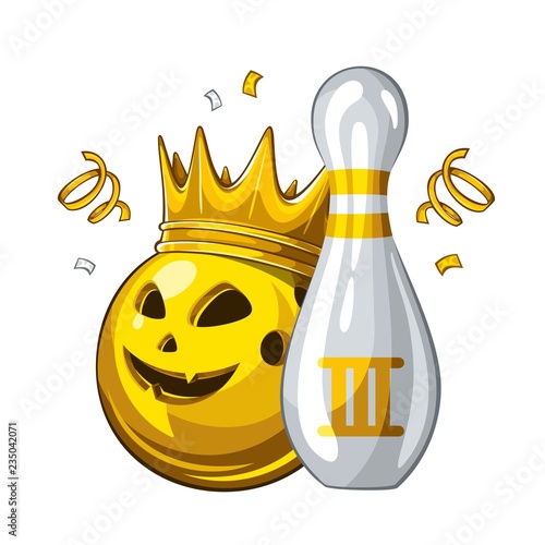 Vector illustration of bowling skittle and halloween yellow bowling ball with face in golden crown, isolated on white background. Bowling award for 3st place. Halloween 1.1