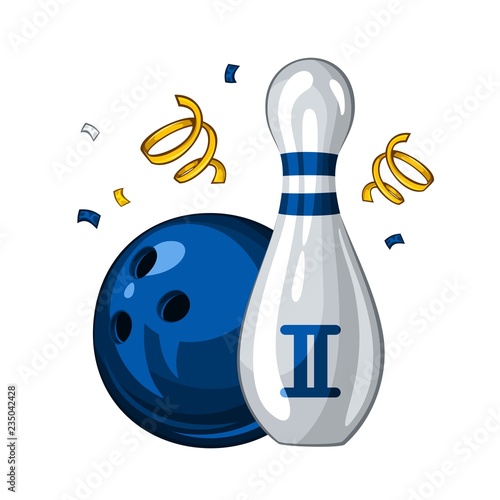 Vector illustration of bowling skittle and blue bowling ball for 2st place, isolated on white background. Bowling award 1.1