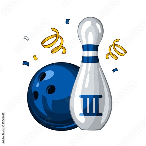 Vector illustration of bowling skittle and blue bowling ball for 3st place, isolated on white background. Bowling award 1.1