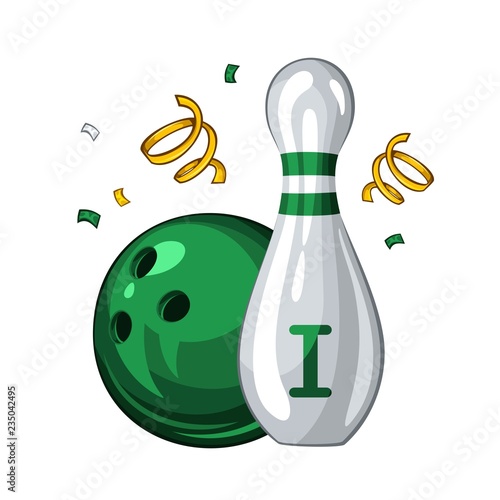 Vector illustration of bowling skittle and green bowling ball for 1st place, isolated on white background. Bowling award 1.1
