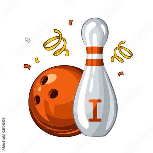 Vector illustration of bowling skittle and orange bowling ball for 1st place, isolated on white background. Bowling award 1.1