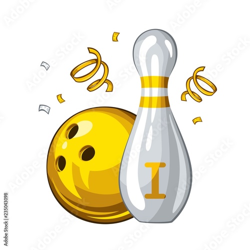 Vector illustration of bowling skittle and yellow bowling ball for 1st place, isolated on white background. Bowling award 1.1