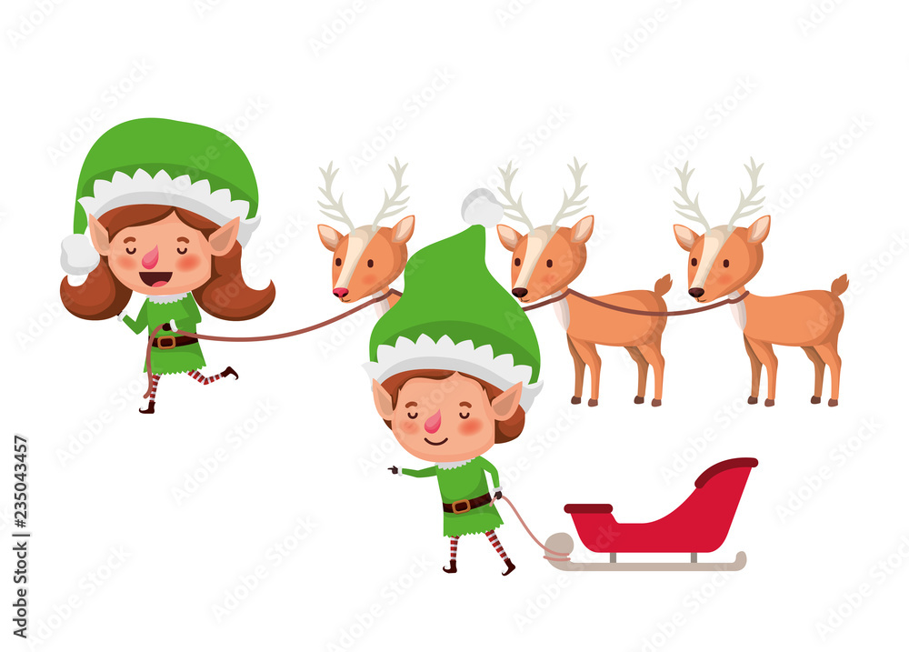 Fototapeta premium elf couple with sleigh and reindeer sleigh avatar chatacter