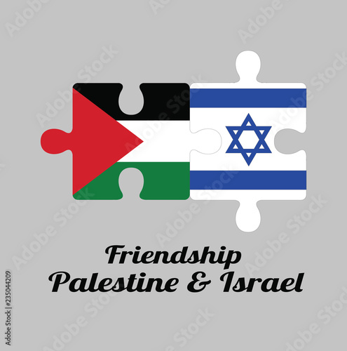 Jigsaw puzzle of Palestine flag and Israel flag with text: Friendship Palestine & Israel. Concept of Friendly or good compatibility between both countries.