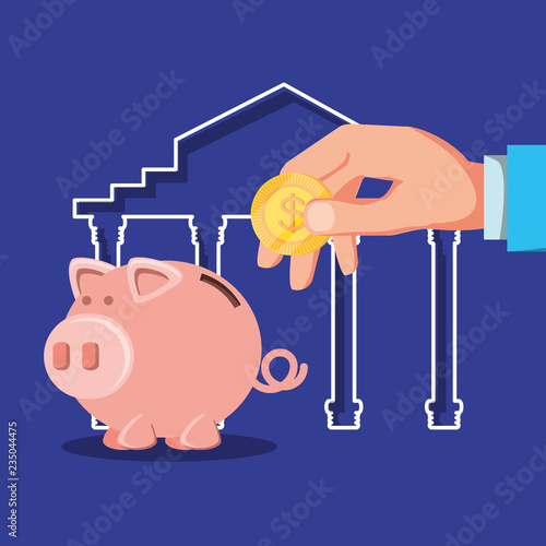 hand with bank building and set icons economy finance