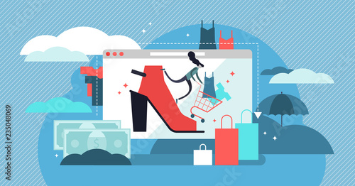 Fashion vector illustration. Shopping in store online to get trendy clothes